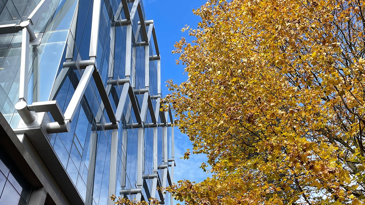 Exterior of QNC with fall foliage on the trees