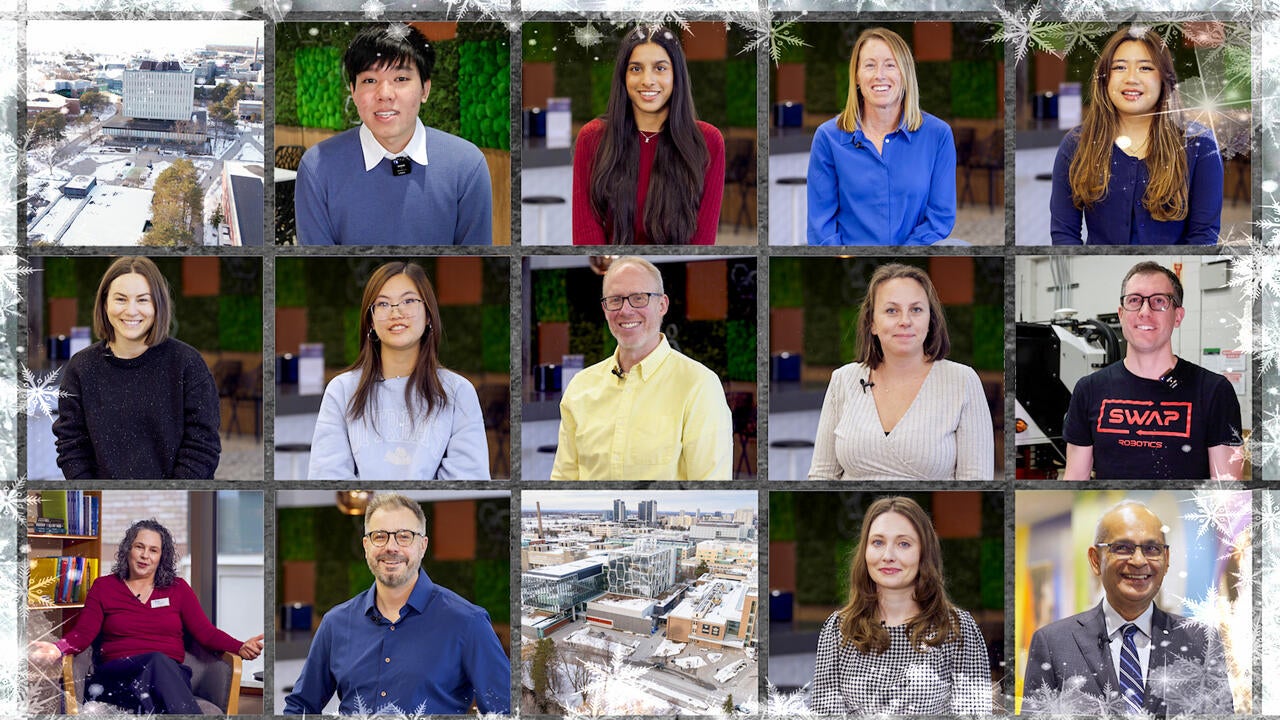 Grid of photographs featuring students, faculty and staff smiling. 