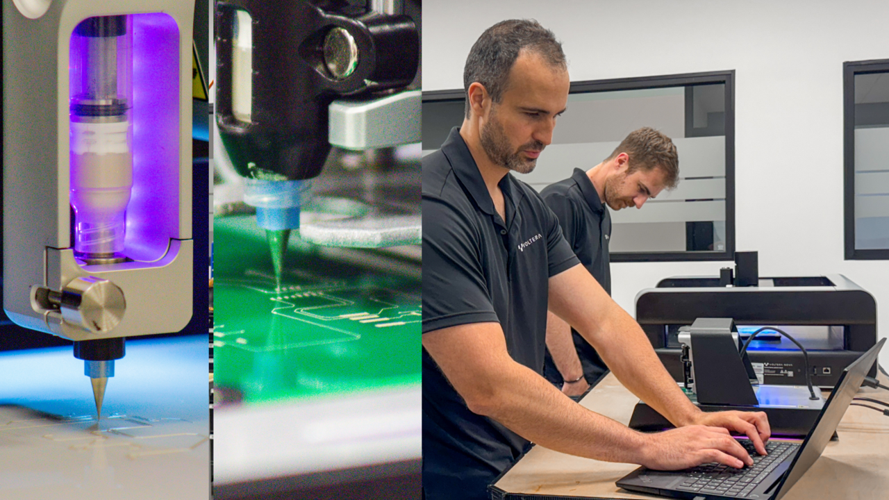 Photo collage of Voltera's V-One and NOVA printers with Jesus Zozaya and James Pickard in the lab