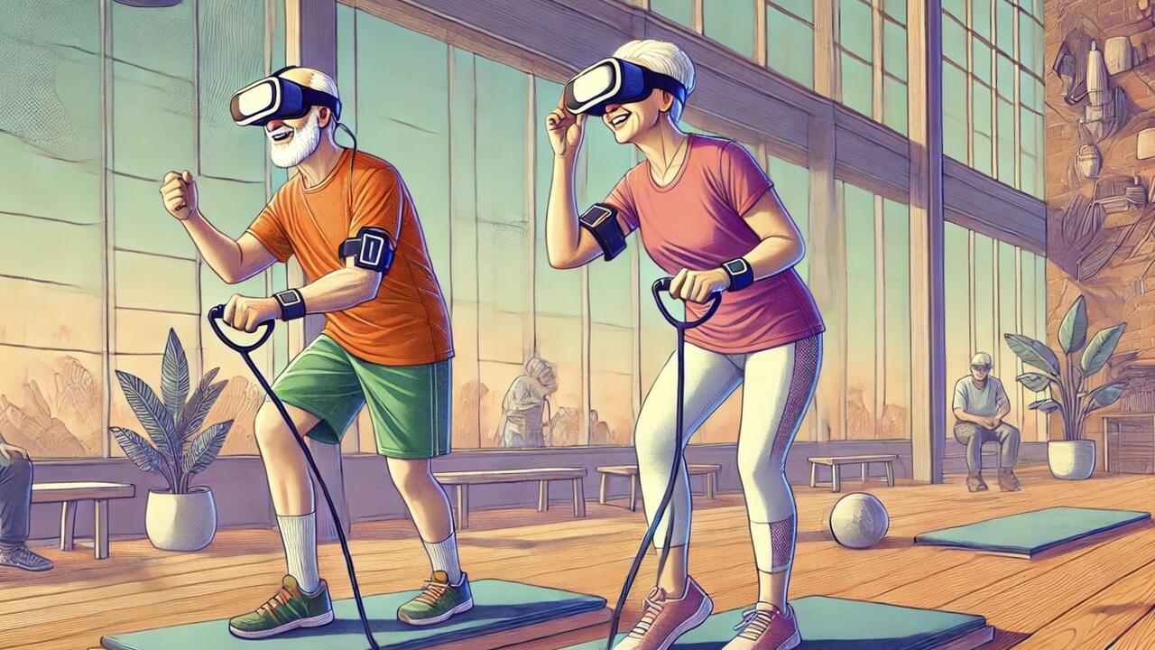 Illustration of senior couple wearing virtual reality headsets and actively walking