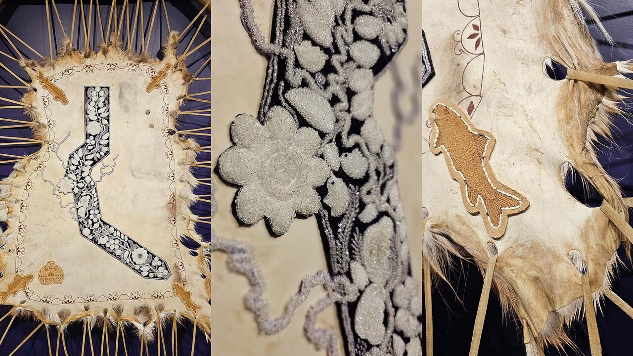 Three close ups of an art work showing intricately beaded flowers and an embroidered fish on a deer hide base