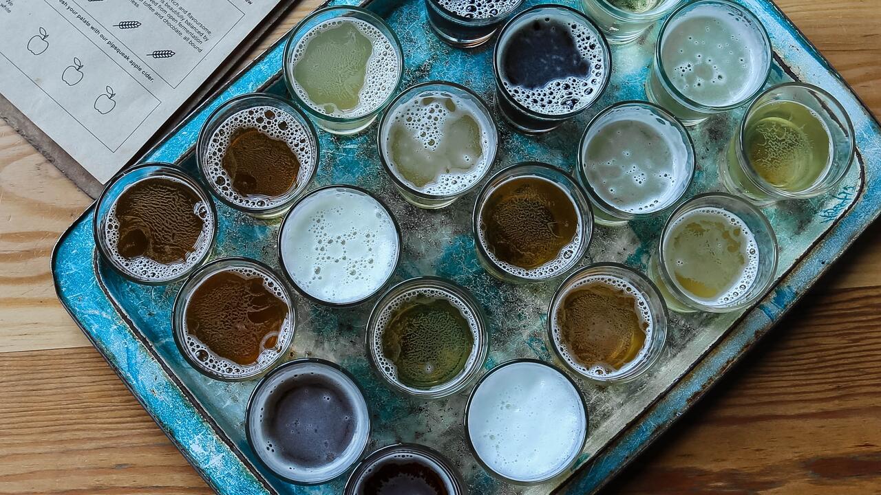 Tray of glasses, filled with frothy beer