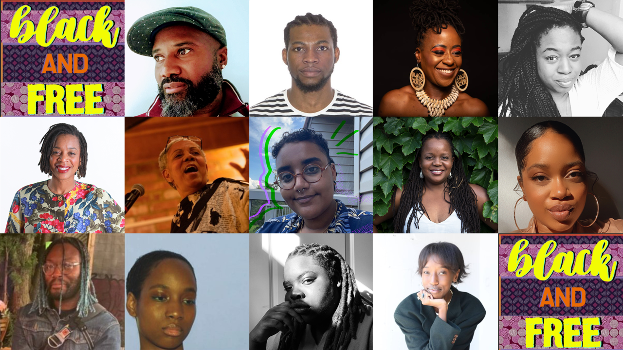 headshots of 13 Black artists and Black and Free logo