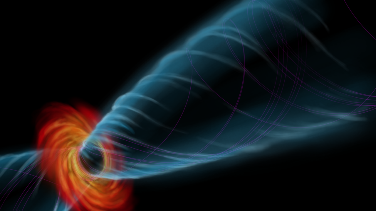 Artist’s conception of the accretion flow and jet – the near-lightspeed outflow of plasma and electromagnetic fields 