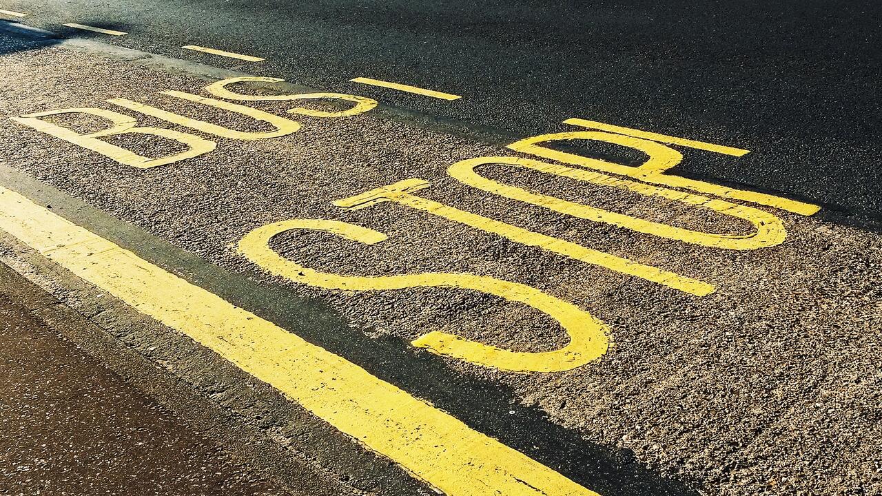 bus stop printed on asphalt (photo by Suzy Hazelwood)
