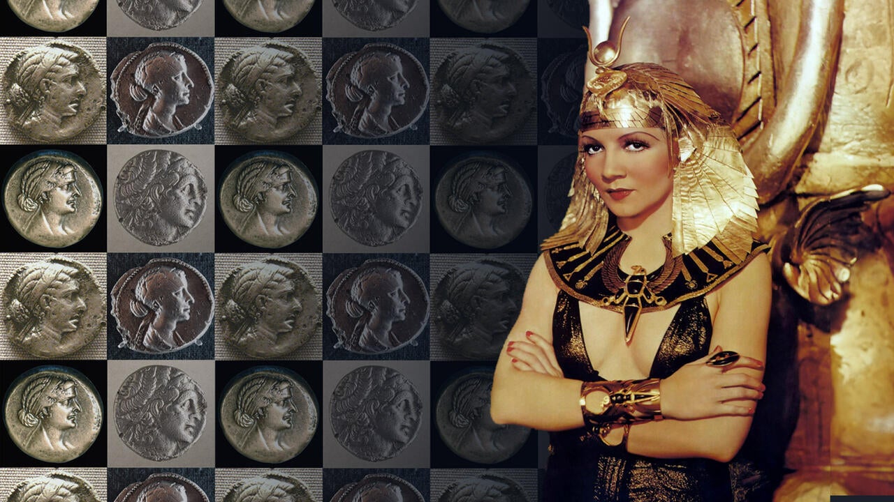 A film publicity stilf of a 1930s white across in Eygption costume, paired with a collage of ancient coins