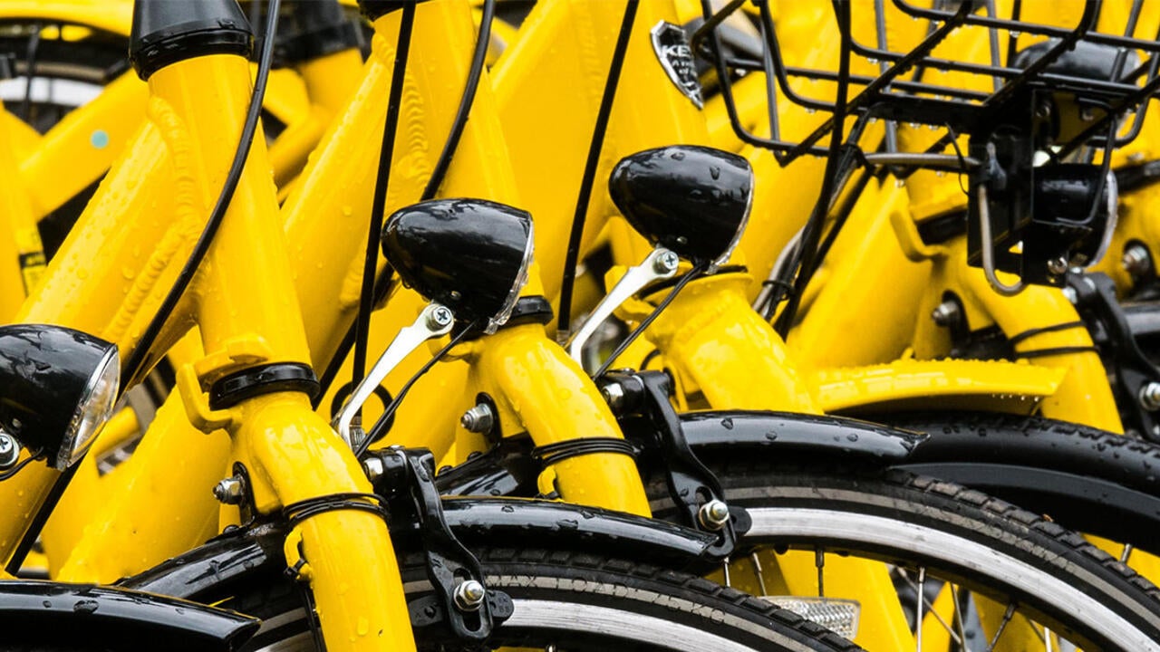 Multiple yellow bikes arranged in a row