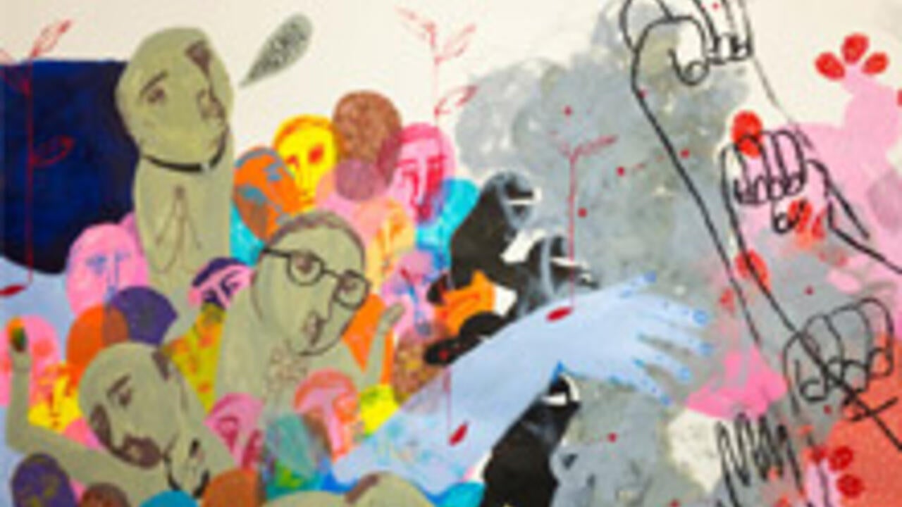 Art piece by Coco Guzman featuring illustrated mens faces alongside reaching fists