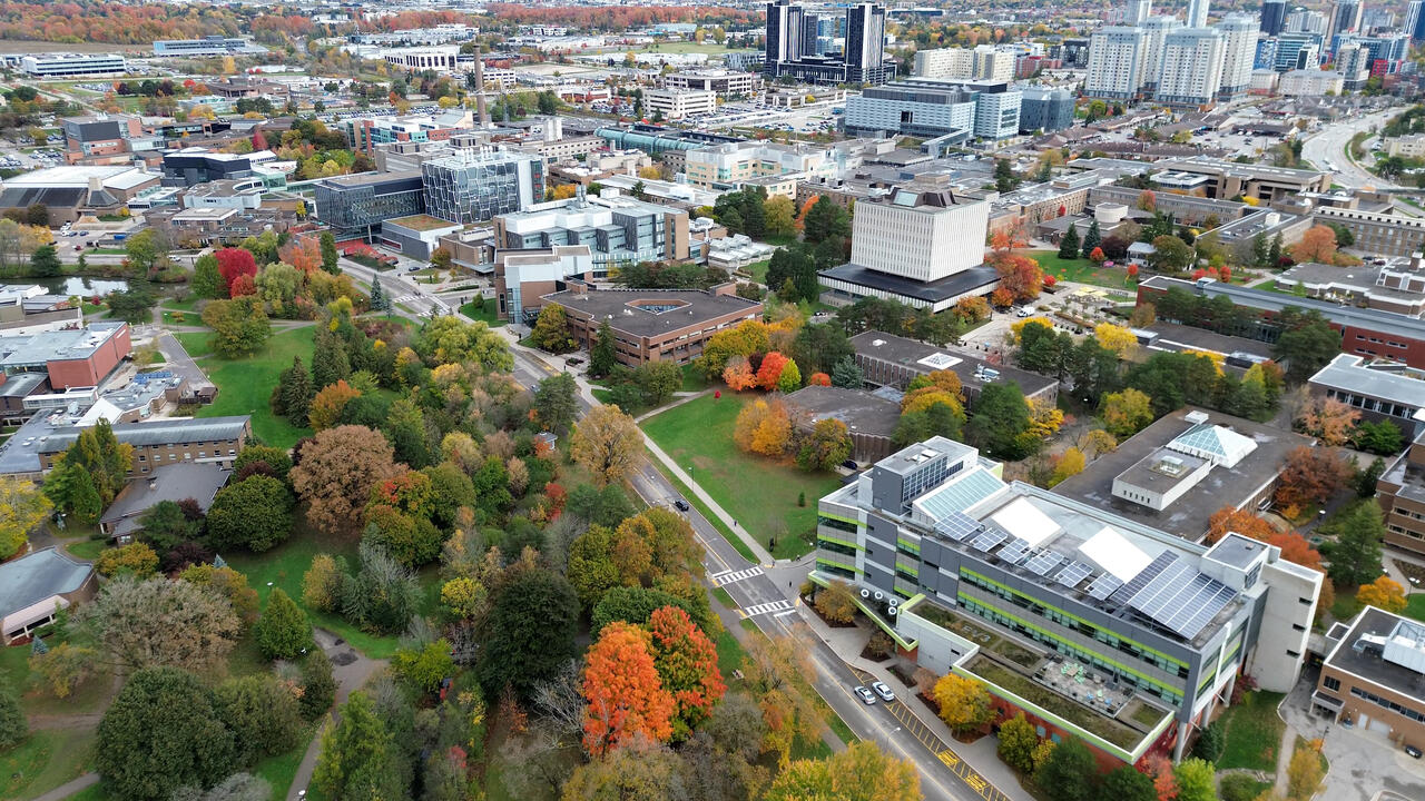 Aerial view of UWaterloo campus facing northeast