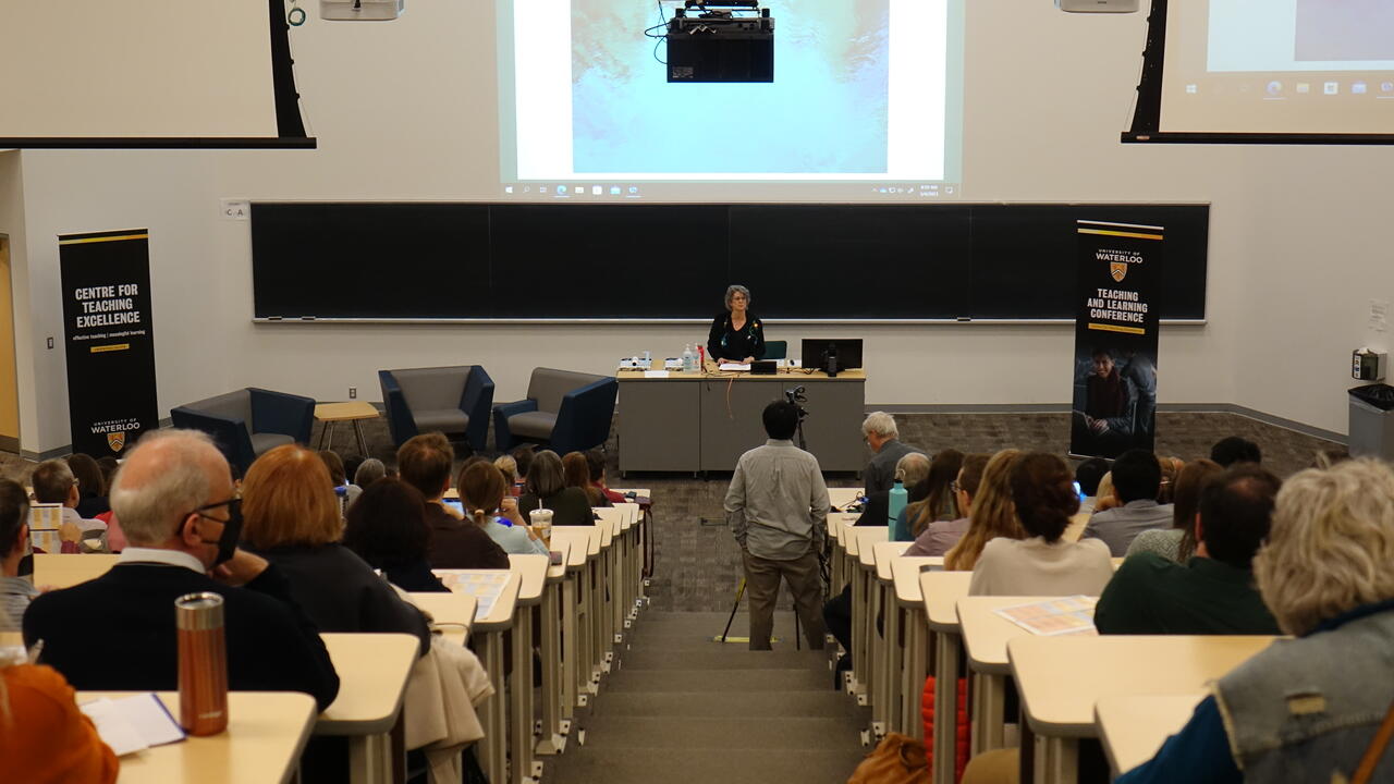 Dr. Barbara Moktthewenkwe Wall delivering the keynote address at the Waterloo teaching and learning conference