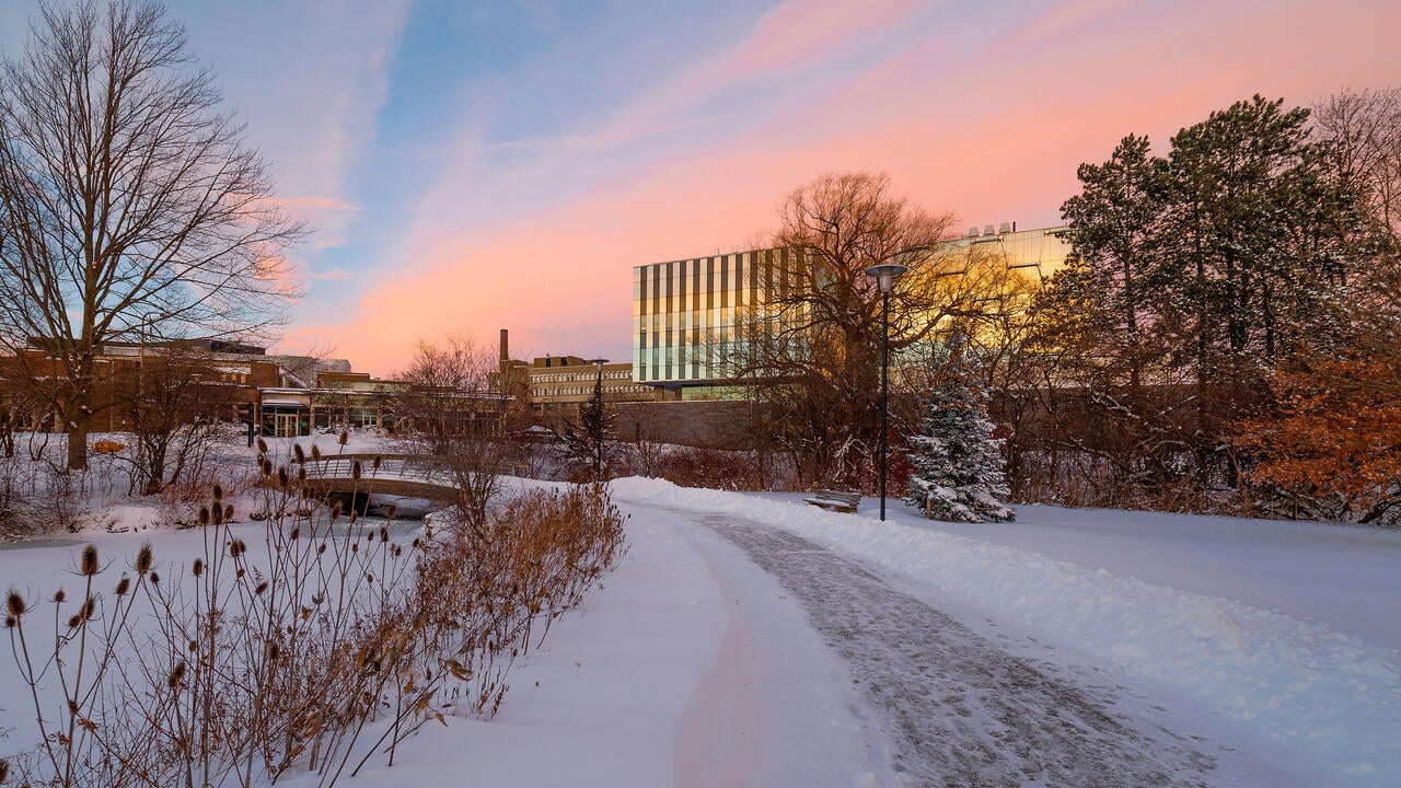 Campus covered in snow at sunset