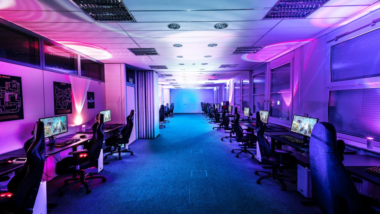 Gaming room with rows of computers for players in esports