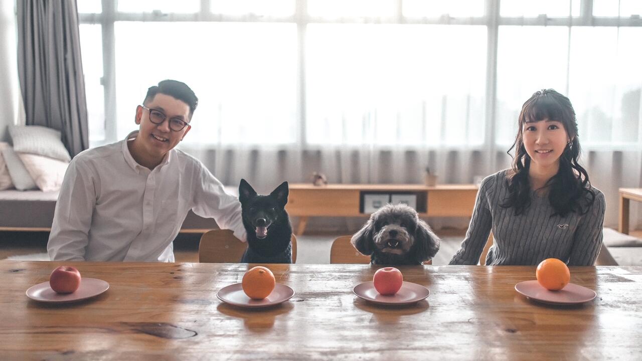 A couple with their dogs.