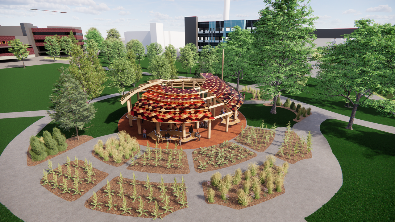 Rendering of outdoor pavillion surrounded by plants