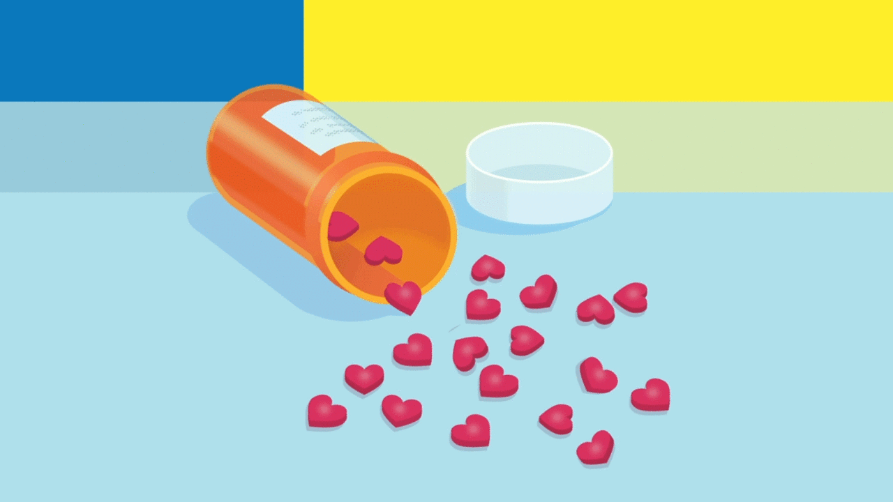 Illustration of small hearts spilling out of a medicine bottle