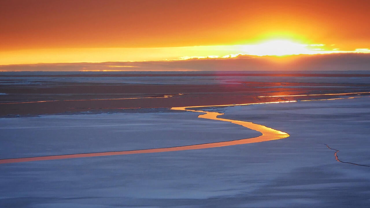 Open Lead through Sea Ice at Sunset, Southern Ocean, Antarctica