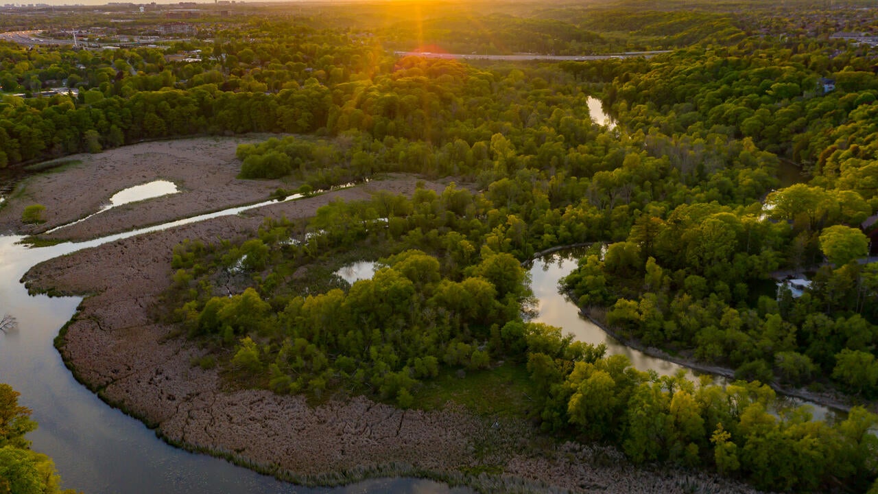 Aerial view of Rouge National Urban Park and Rouge River, Mast Trail, Toronto, Canada
