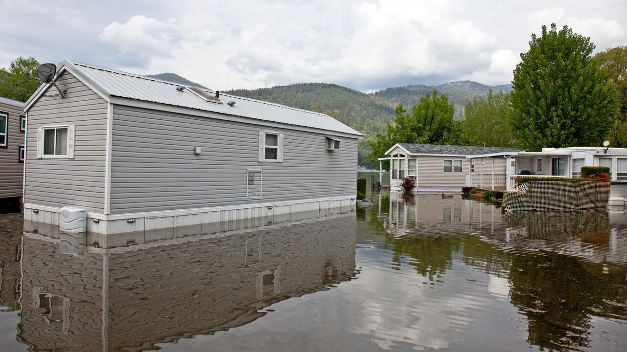 A flooded trailer park in British Columbia, Canada.