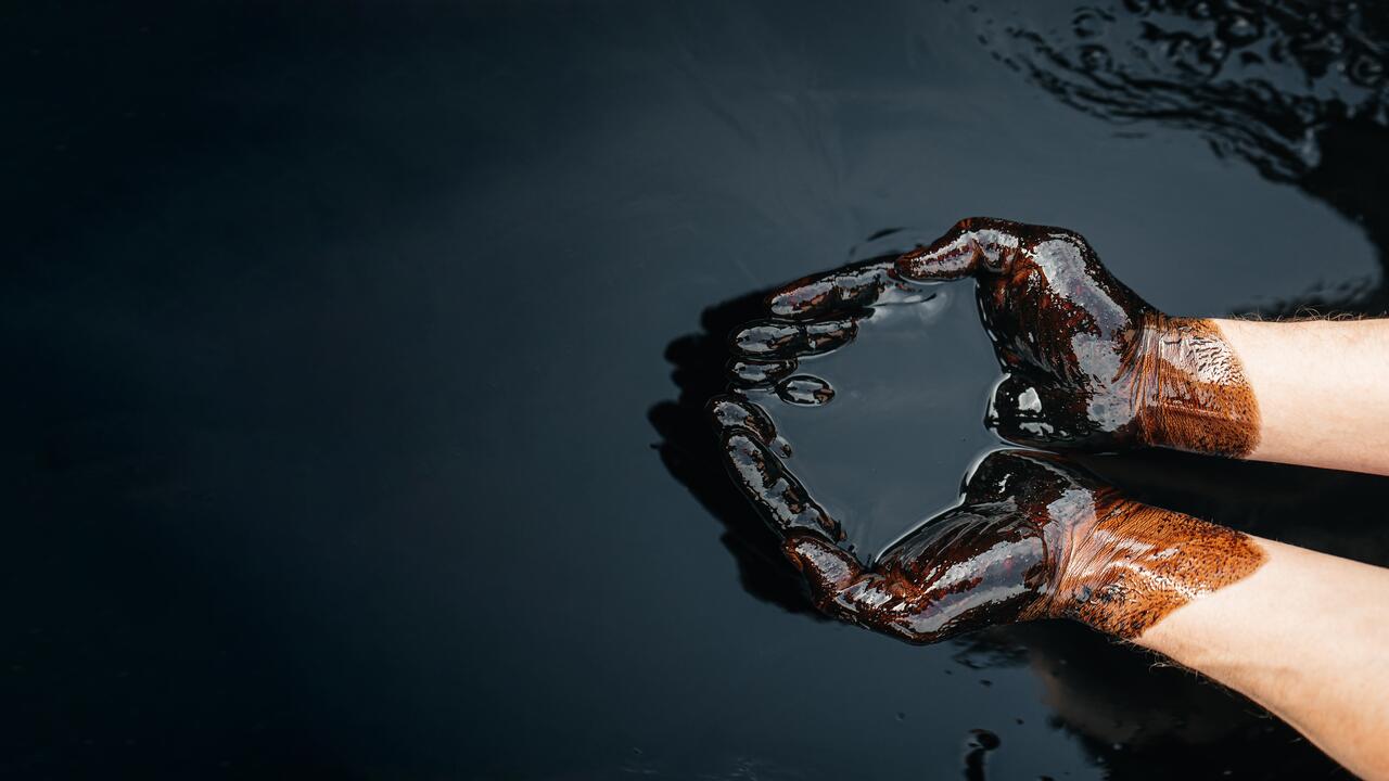 A person cupping an oil spill