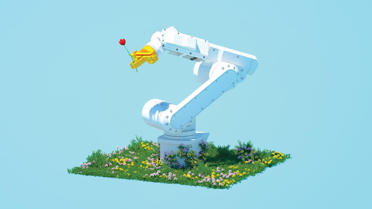 illustration of a robotic arm holding a rose