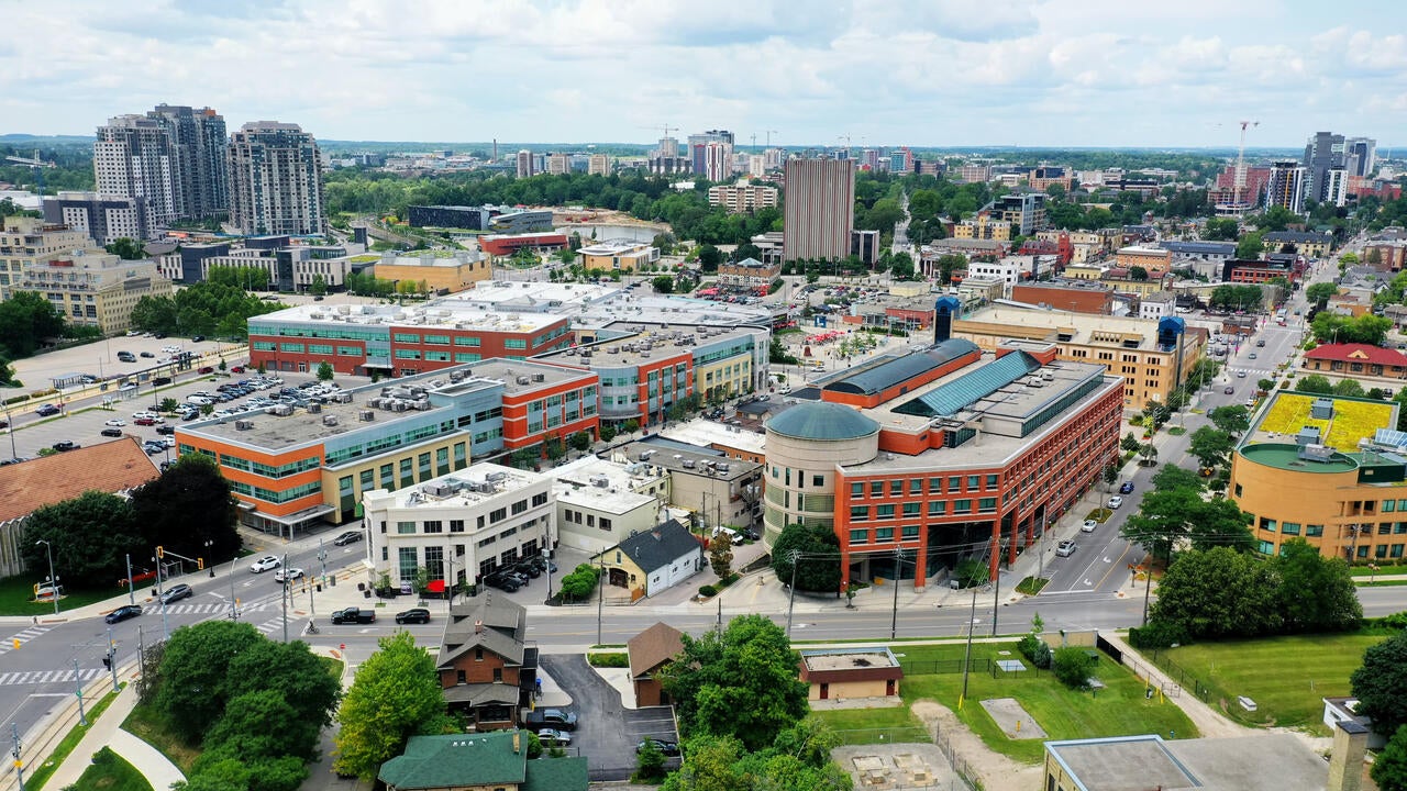 Aerial view of downtown Waterloo, Ontario, Canada 