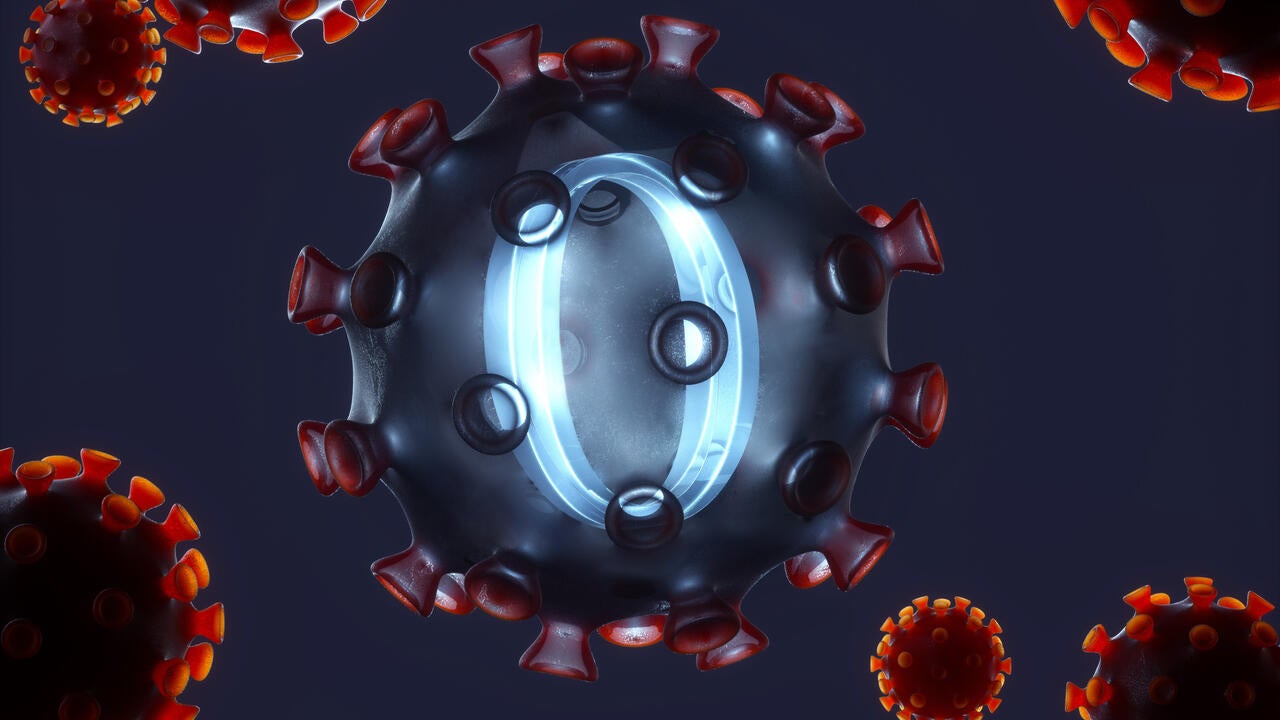Digital generated image of semi transparent red COVID-19 cell with blue glowing omicron sign inside. 