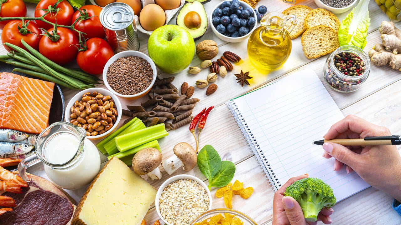 A person's hands writing on a note pad a list of healthy food