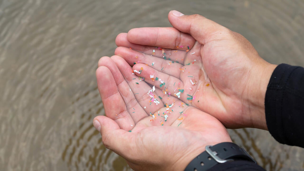 Close-up side shot of hands showing microplastics in water.