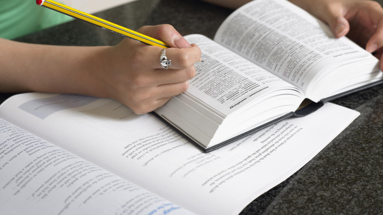 Student with dictionary and textbook