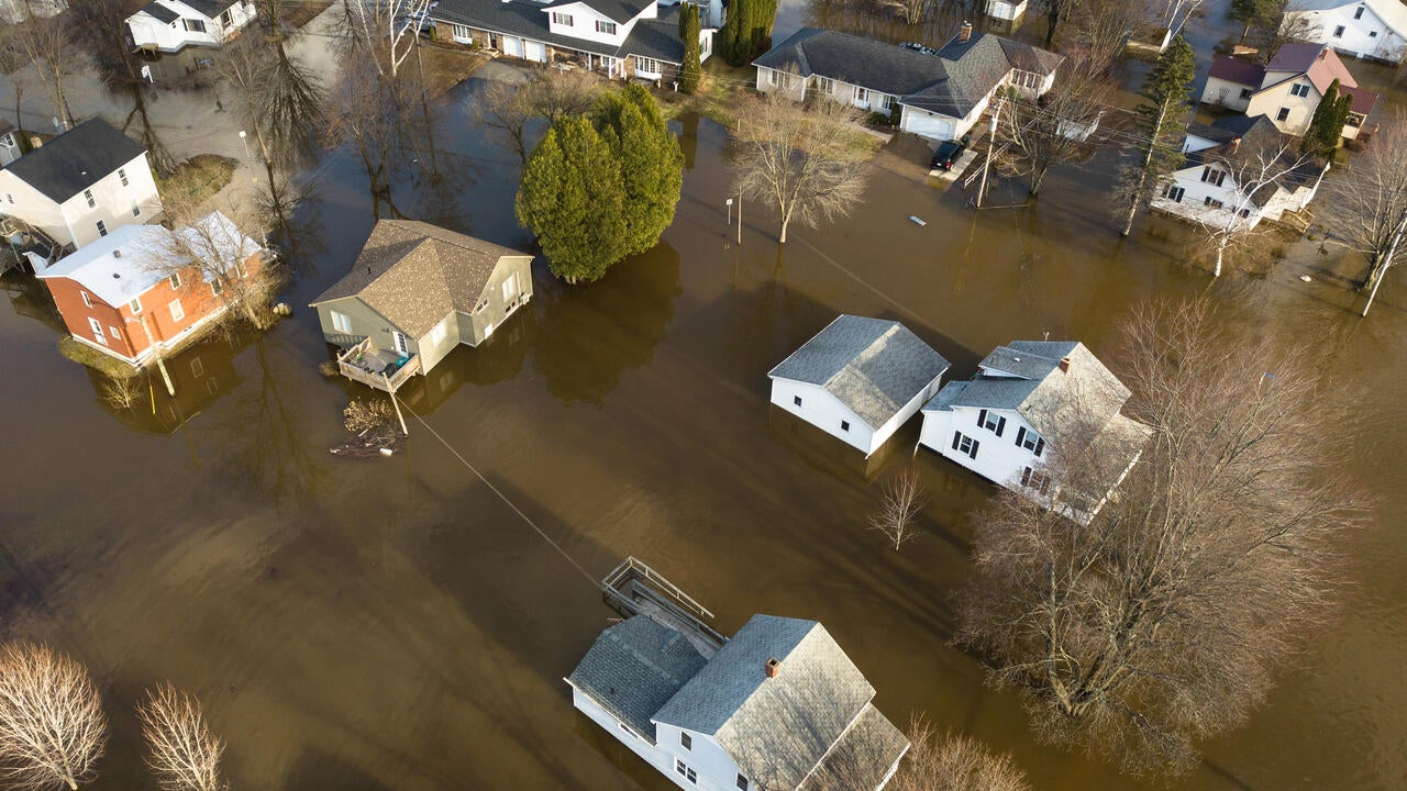 Many houses affected by the swelling Saint John River at Barker's Point, Fredericton, New Brunswick, Canada