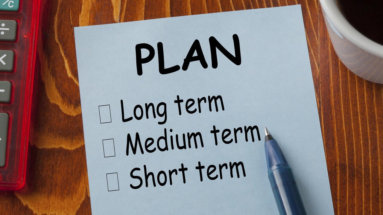 A paper on a table titled plan with checkbox for long term, medium term and short term
