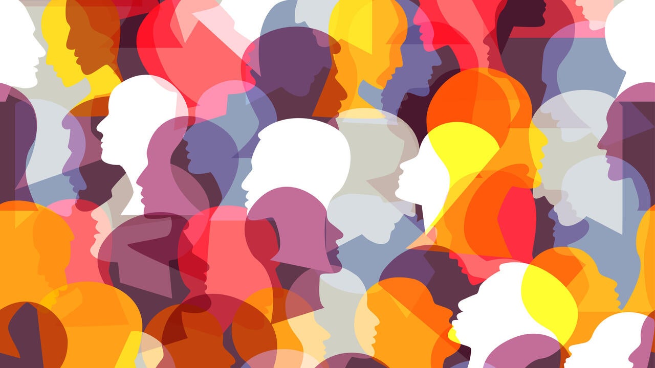 A collage of people's faces in profile in varying colours