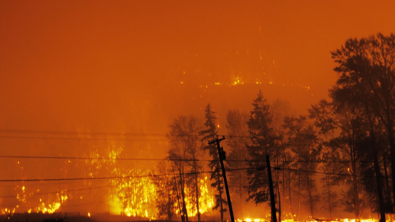 Forest fire at night in British Columbia, Canada