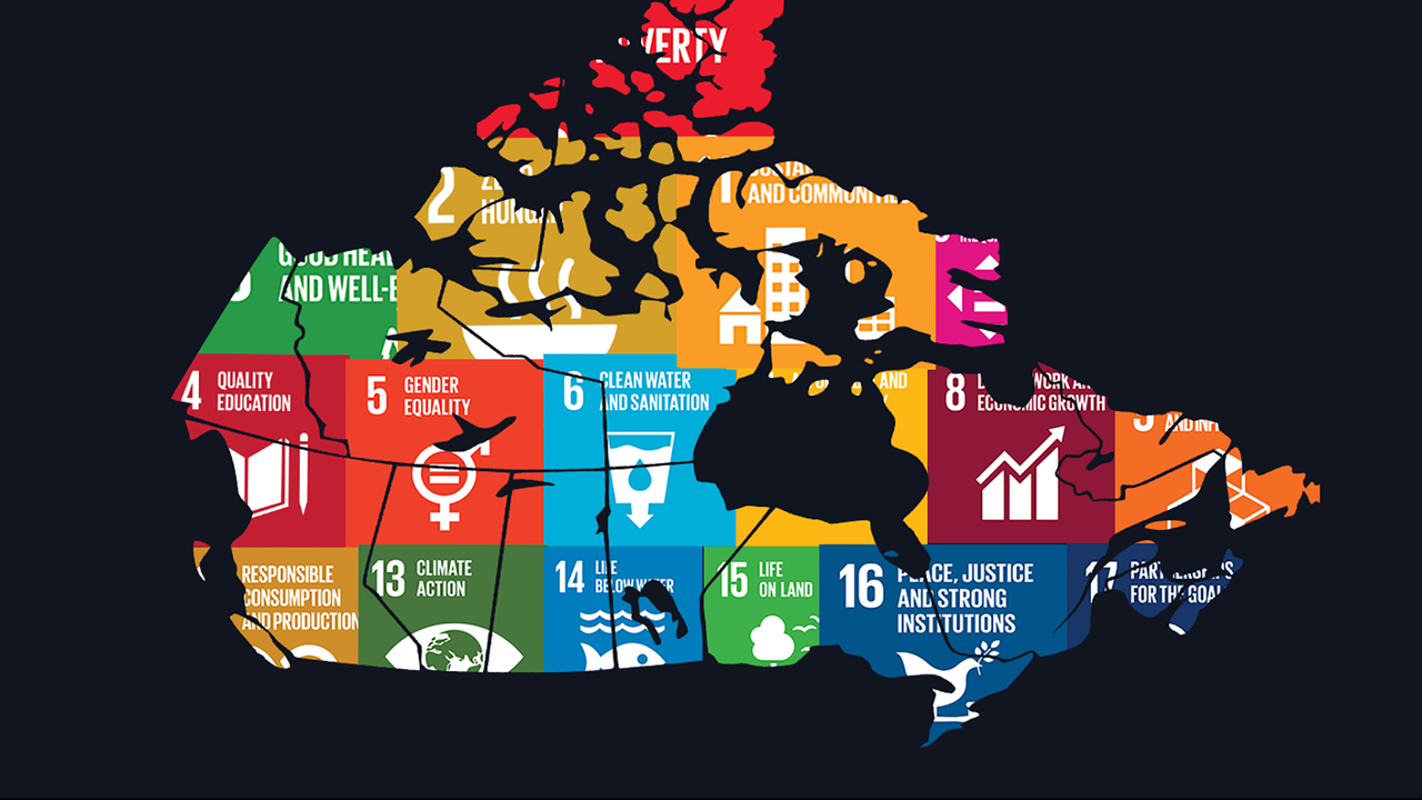 The SDGs underlaid on a map of canada