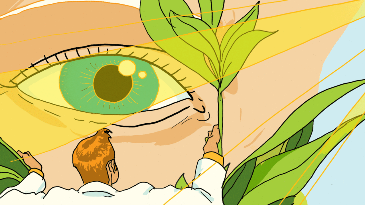 illustration of a tiny researcher moving branches aside to inspect a patient's eye