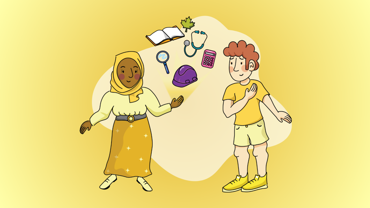 Illustration of students and learning materials
