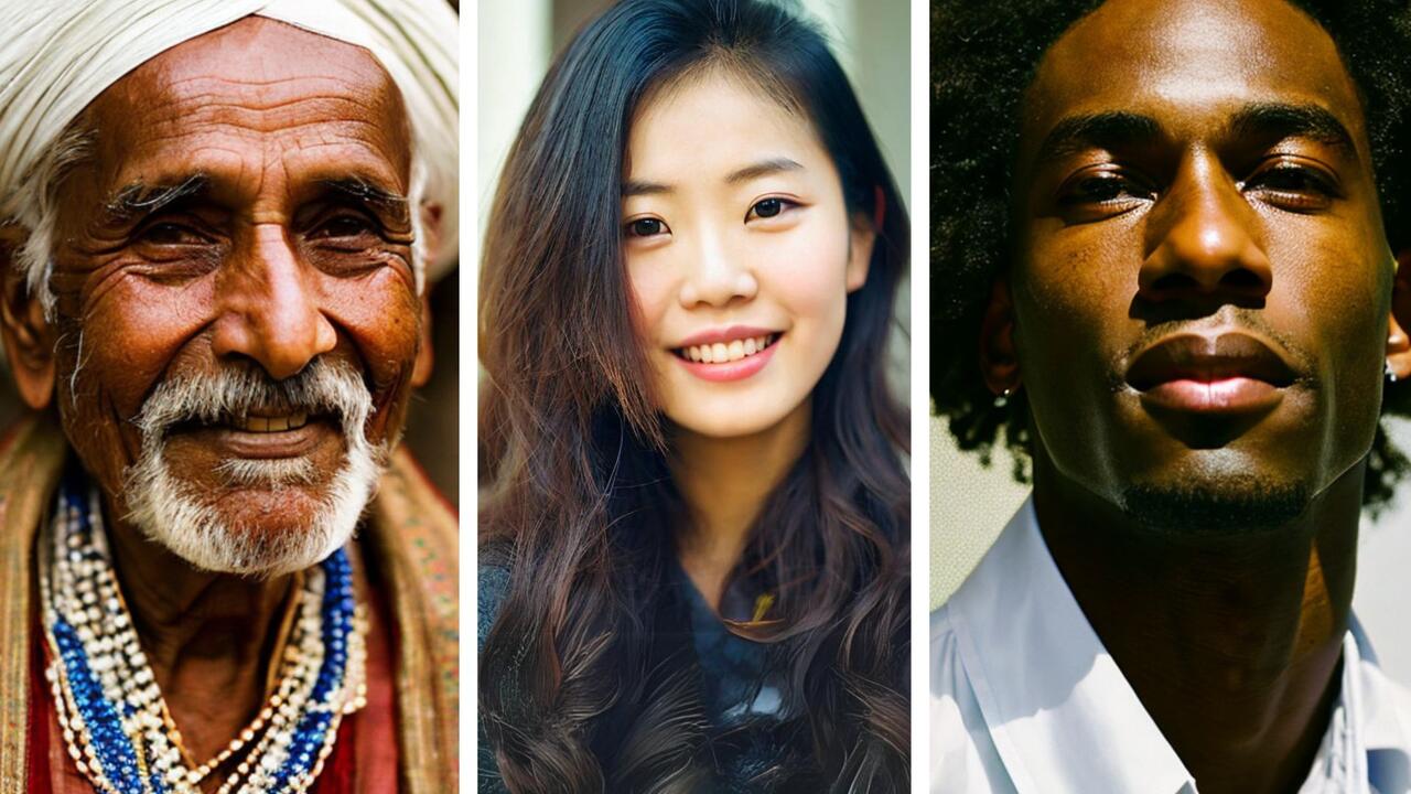 AI-generated images of an Indian man, an Asian woman and a Black man. 