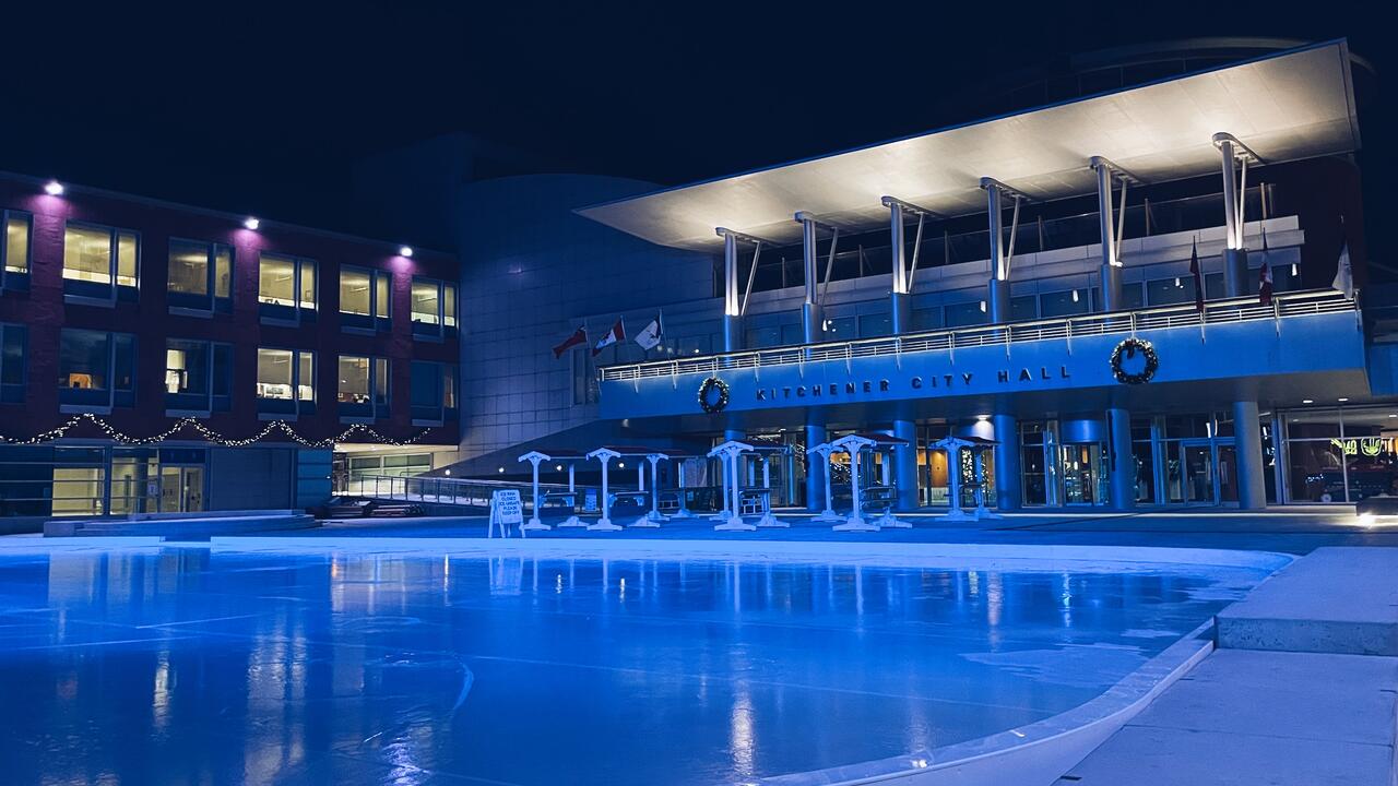 Carl Zehr Square with blue lights