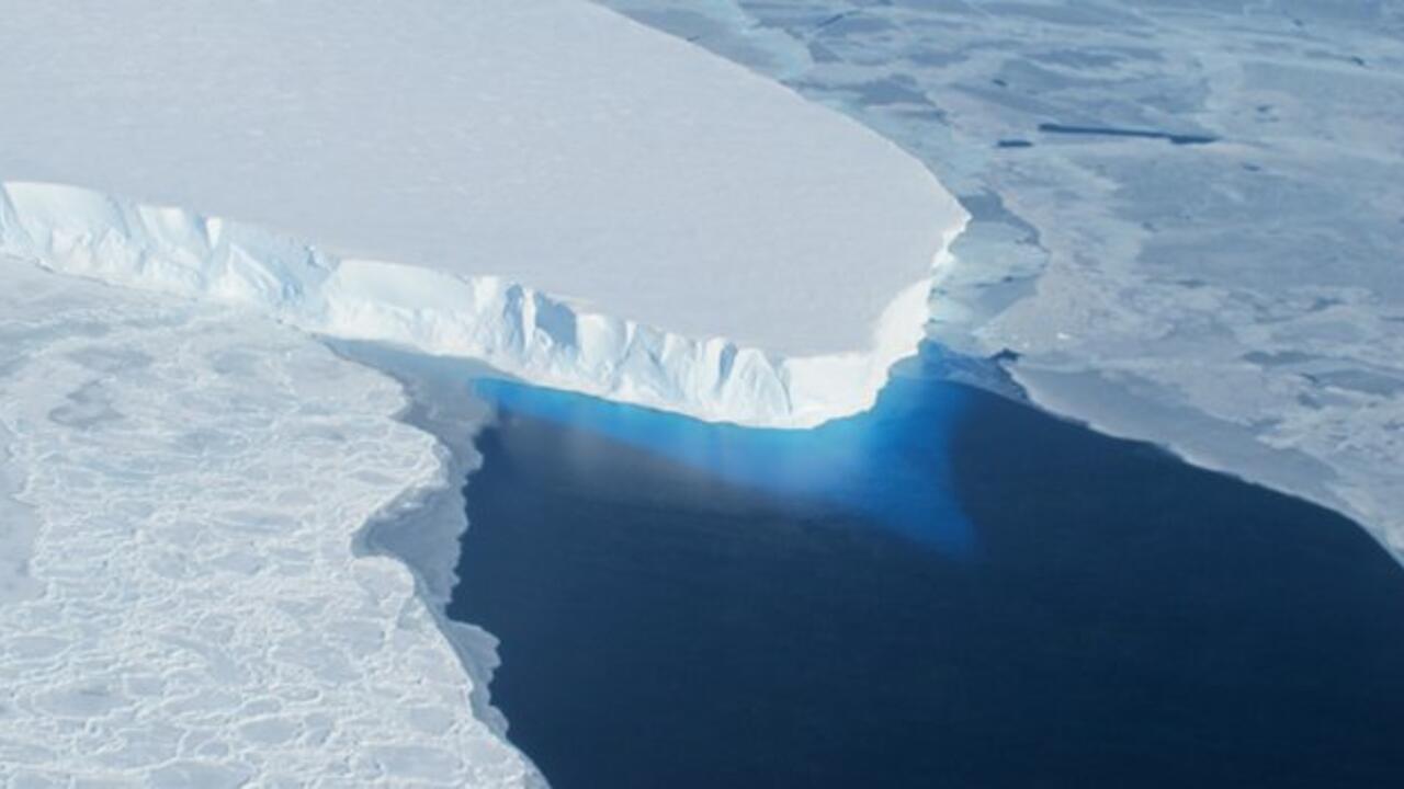 Aerial shot of Thwaites Glacier meeting seawater