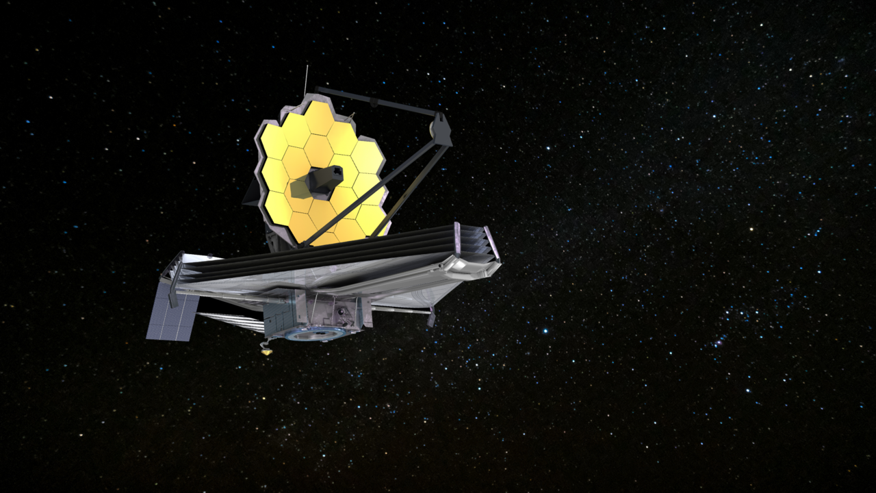 Technical rendering of the James Webb Space Telescope on a background of stars