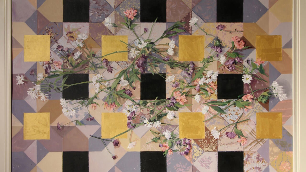 Art piece by Jess Lincoln featuring geometric, coloured squares and triangles with flowers strewn about
