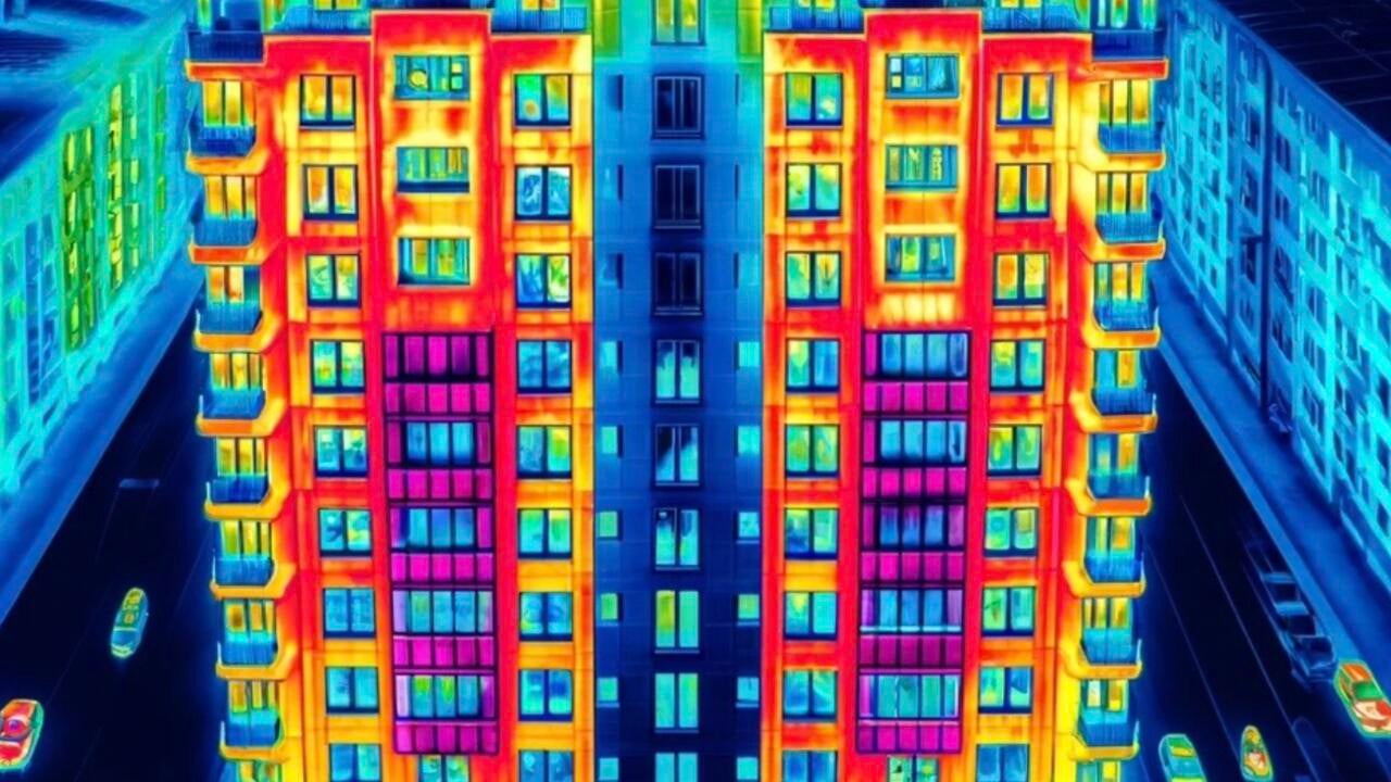 The image shows hot spots of heat loss detection from a multi-unit residential building using deep learning with bounding boxes.