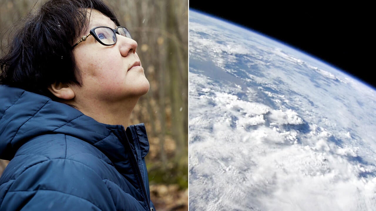 Two images photoshopped together of Melanie Goodchild and the earth from space