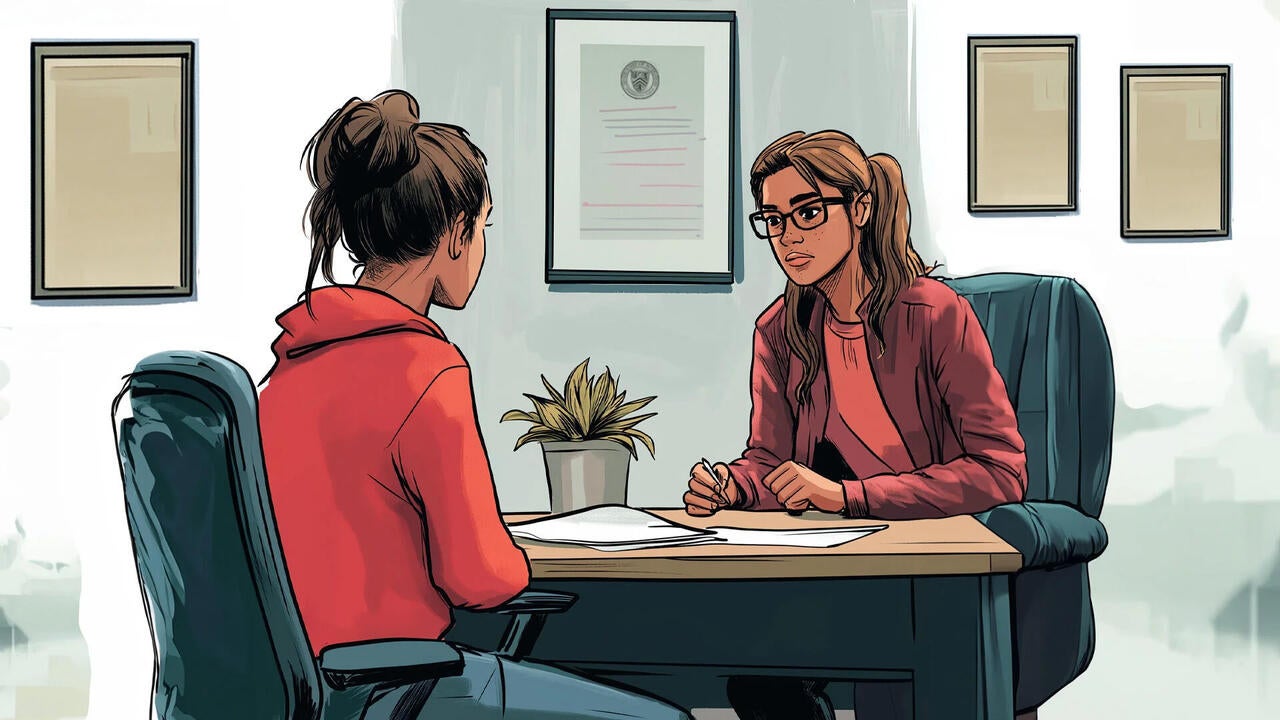 A comic book style rendering of a counselling session 