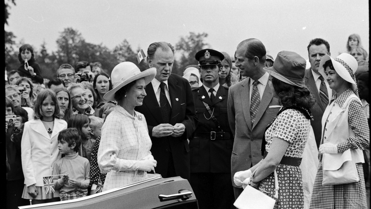 Photo of the Queen and Prince Philip stopping in Kitchener-Waterloo on their 1973 royal tour of Canada.