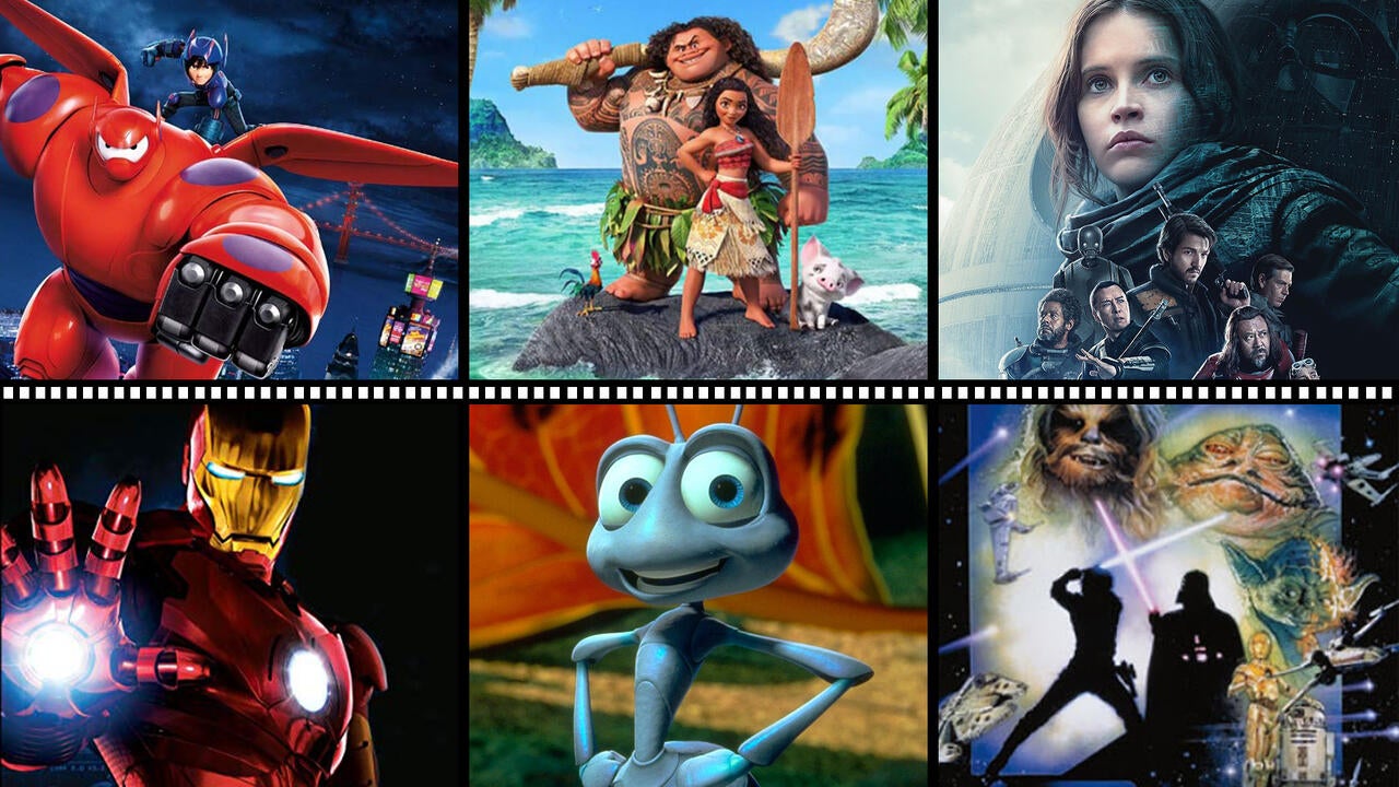 Collage of Big Hero 6, Moana, Rogue One, Iron Man, Bug's Life and Return of the Jedi photos