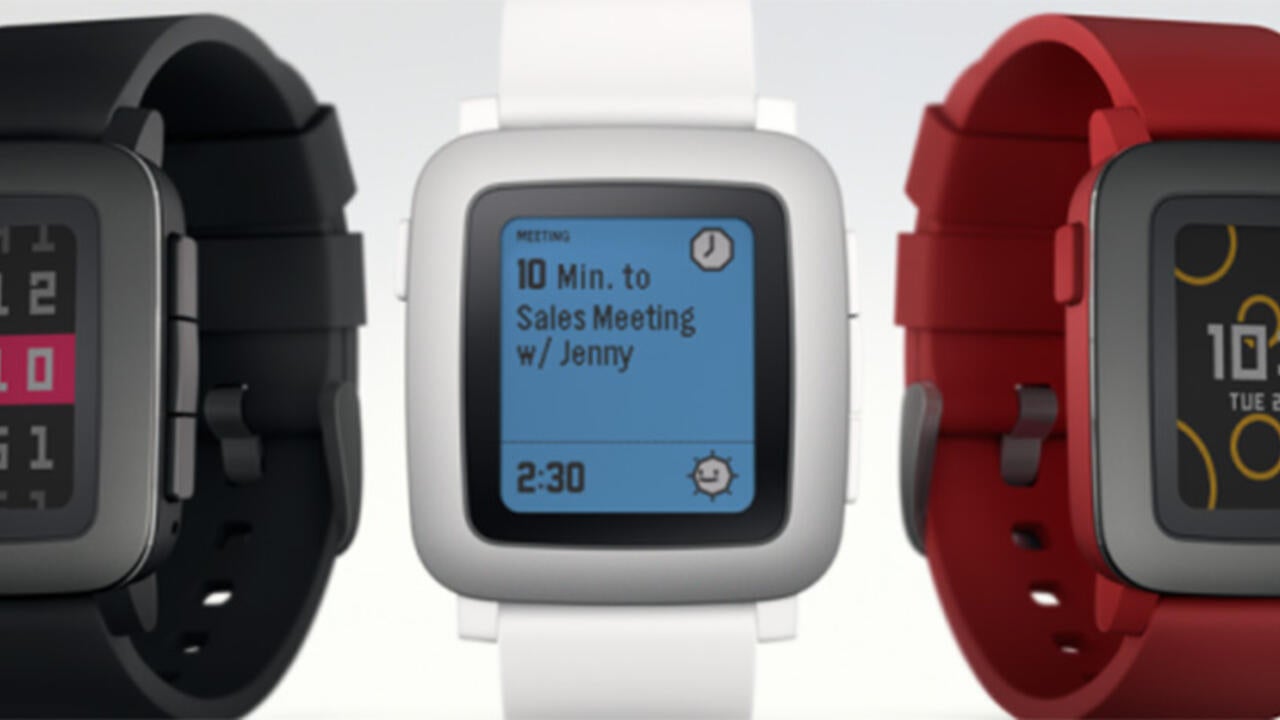 A black, white, and red Pebble Smart Watch