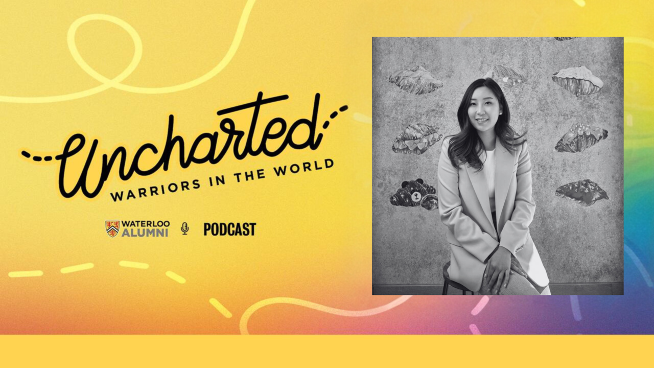 Alice Chu on a banner that says Uncharted, warriors in the world