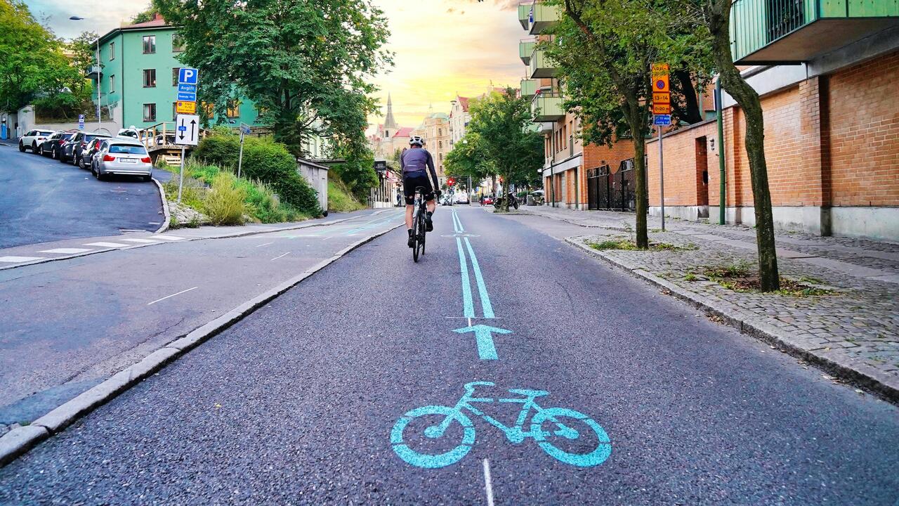 Cyclist rides bike in designated bicycle lane