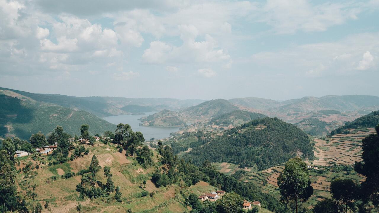 Lake Bunyonyi in Uganda surrounded by farm land